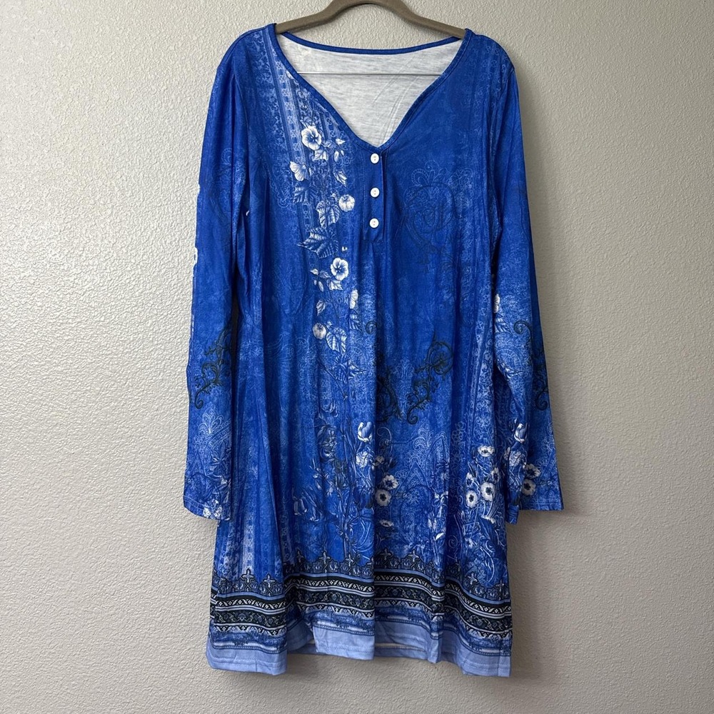 Womens Long Sleeve Boho Floral Button V Neck Fall Dress Knee Length Tunic Dress